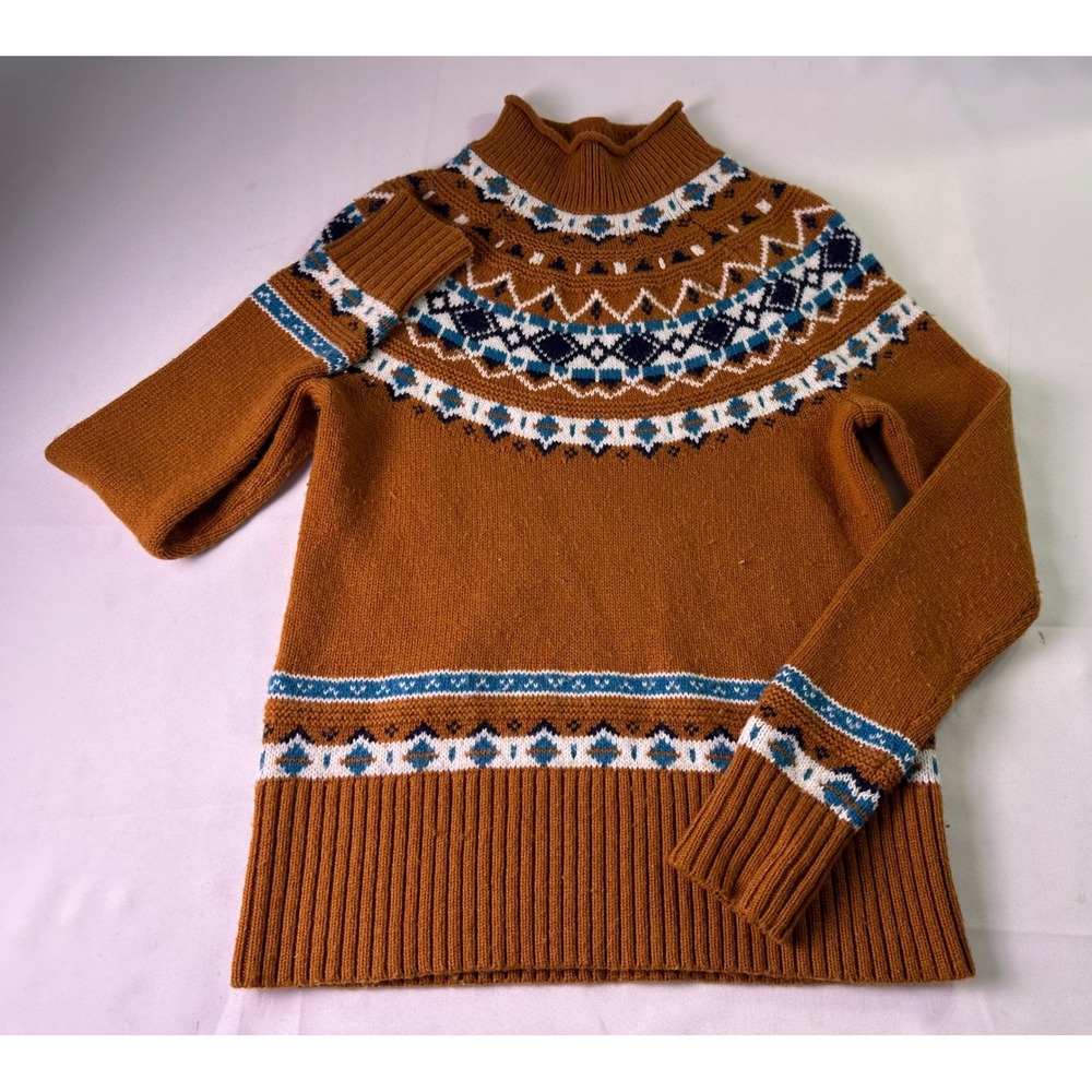 J.Crew Women's Fair Isle Mock Neck Sweater Lambswool Blend Brown Blue XXS Preppy